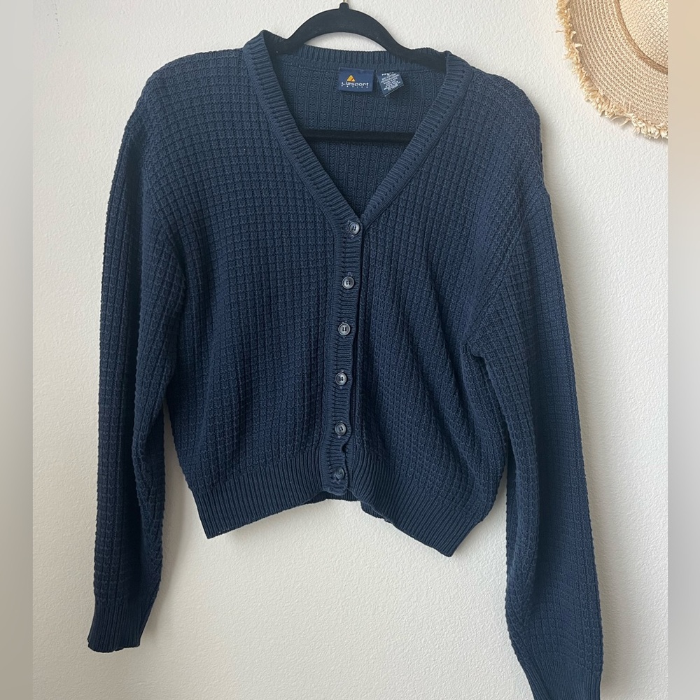 Vintage Lizsport Navy Cardigan, 100% Cotton, Size S